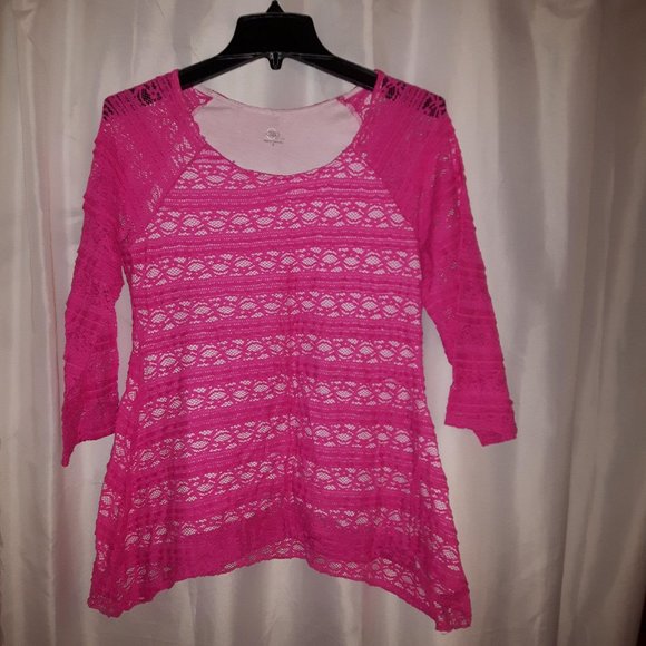 💥$15💥 Pink and white lace long sleeve asymmetric tunic shirt top blouse - Picture 1 of 6